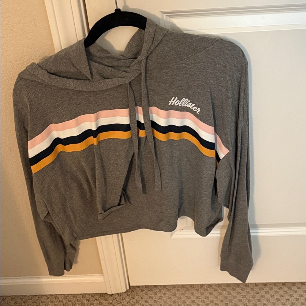 Hollister Gray Cropped Hoodie with Multicolor Stripes